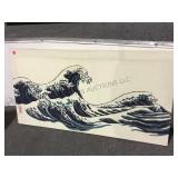 Stretched  cloth picture of waves, signed 34/18.