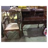 Vintage carved wood secretary w/ ornate chair