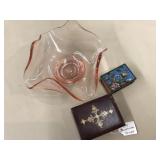 Pink Glass bowl and vintage matchbox holders