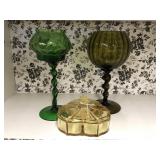 Vintage twisted glass vases and candy dish