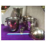 4 plated ice buckets, sugar creamer, etc,