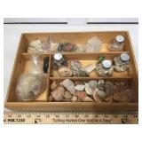 Wooden tray with assorted minerals and stones