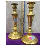 Pr antique brass 12 in H candlesticks, hallmarked
