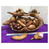 Lg carved wood bowl filled with individually