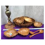 Carved wood salad set, with 32 in tall brass and