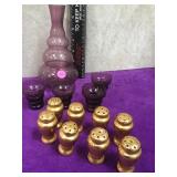 Amythest glass decanter set , set of 8 gold paint