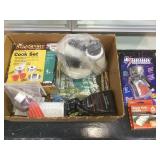 Camping knife, dynamo flashlight, poncho, fishing