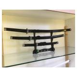 3 pc Oriental Sword set, black, with stand, local