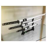3 pc Oriental Sword set, white, with stand, local