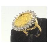 14k gold panda coin ring w/ diamonds, size 6