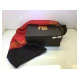 Chanel black/red/gold silk scarf w/ box.