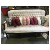 Victorian style satin covered couch & pillows,