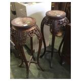 Pair of ornately carved wood & marble plant