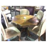 Wooden pedestal able w/ 5 upholstered chairs,