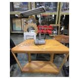 Wooden trapezoidal entry table and vintage table