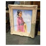 Ornate framed Navajo chalk portrait of young