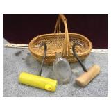 2 antique hay hooks and an Old Quaker bottle in a