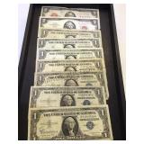 Tray w/ 7 $1 silver certificates & 2- $2 Red