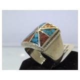 Sterling Southwest style ring w/turquoise/coral