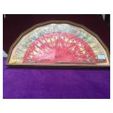 Vintage framed decorated fan, pierced ribs, old