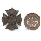 Cast iron Fireman plaque & cog. Sz 10 x 9