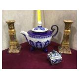 Bombay China teapot, Chinese candle holders and