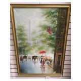 Painting on canvas, framed, City scene, artist