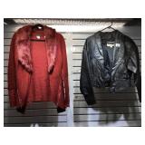 Red sweater and a black leather jacket