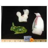 Fenton glass penguin, squirrel, Vaseline rabbit,