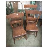 3 Primitive plank seat chairs, and a metal Deco