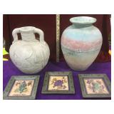 Pair of hand made pots and set of 3 decorative