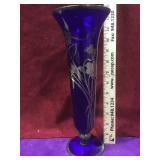 Blue glass vase approx. 12 inches tall sterling
