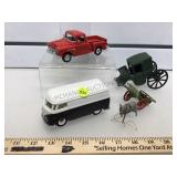 4 die cast vehicle toys, VW Bus, Chevy pickup, 2