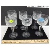 6 cut crystal footed wine glasses, notched stems,