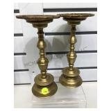 Pr oriental brass candle stands, 8.5 in H