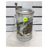 Pewter lid glass German beer Stein, decorated,