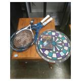 Racket and tennis rackets, dart board, card game,