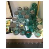 16 Blue/ green canning jars, Ball, Atlas, various