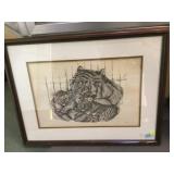 S. Ader 18/200 etching of Tiger Family, framed