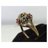 10 k gold ring w/red & clear gemstones, size 5