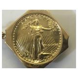 1990 22k gold StGaudins coin pendant w/ 14k gold