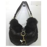 Coach black rabbit fur clip nylon satchel w/ dust