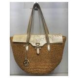 Michael Kors cut & sew straw & leather tote, new