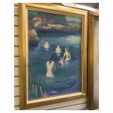 Bartor , painting on board, group wading, framed