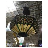 Hanging slag leaded glass lamp, glass jeweled