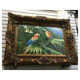 Lg painting on canvas, Parrots , ornately framed,