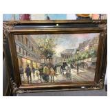 Framed painting on canvas street scene approx.
