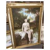 Ornately framed oil on canvas nude by artist M.C.