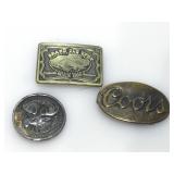 3 metal belt buckles. Order of moose, Coors,