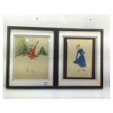 Pair of framed Seasonal fashion design drawings.
